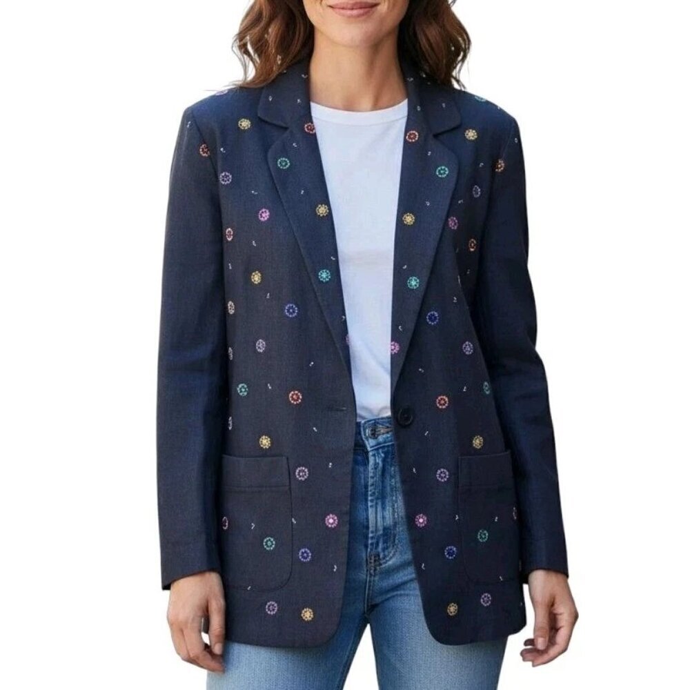 Adam Douglass Adriana Papell Blazer Size S Black Embellished Long Linen 90s Y2K